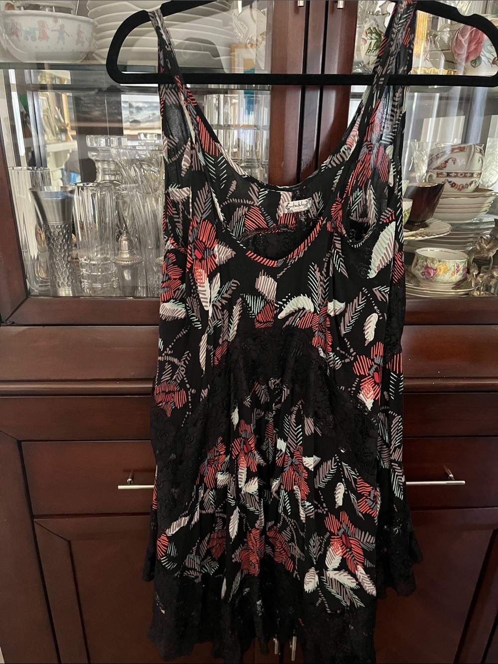 Free people Black Camisole with Red and White Leaf Print and Lace Trim